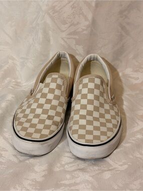 Vans Beige and White Check Slip-On Sneakers